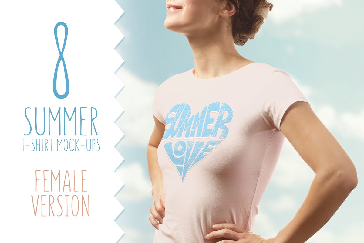 收腰女版T恤服装样机 Summer T-shirt Mock-up Female Version插图