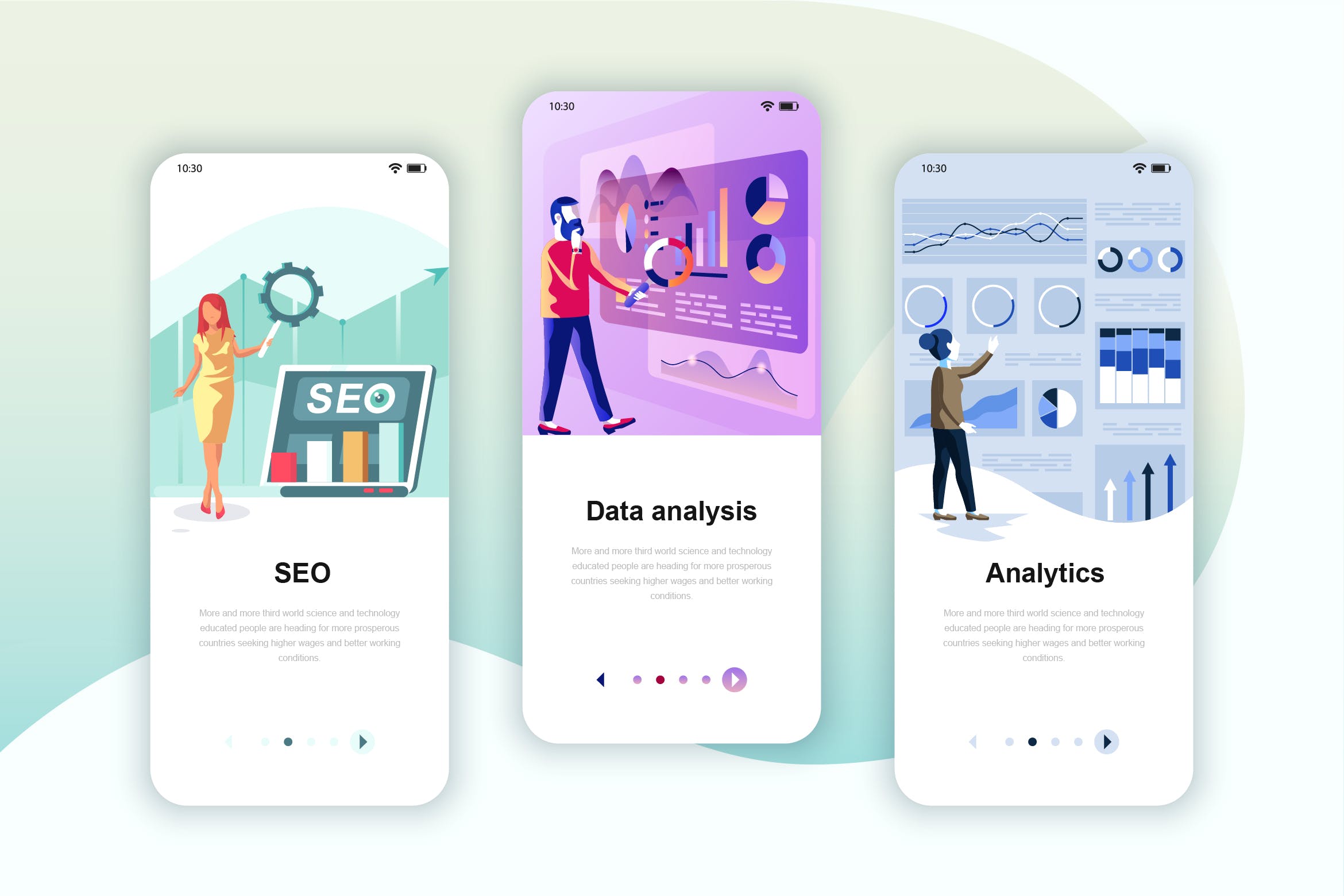 网站数据分析&SEO主题矢量插画APP引导页启动页设计模板 Instagram Stories Onboarding Screens Mobile App插图