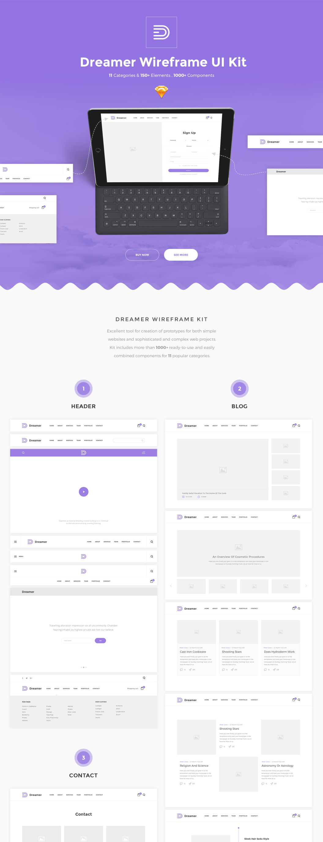 极致的造梦者 Sketch 线框图套件 Dreamer Wireframe Kit（150+元素 & 11大分类）插图