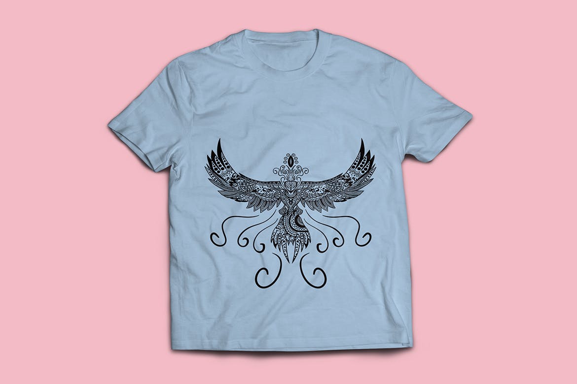 凤凰-曼陀罗花手绘T恤印花图案设计矢量插画素材库精选素材 Phoenix Mandala T-shirt Design Vector Illustration插图(1)
