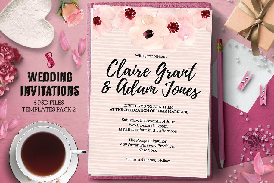 8款粉色少女元素婚礼邀请函模板 8 Wedding Invitations Pack 2插图(4)