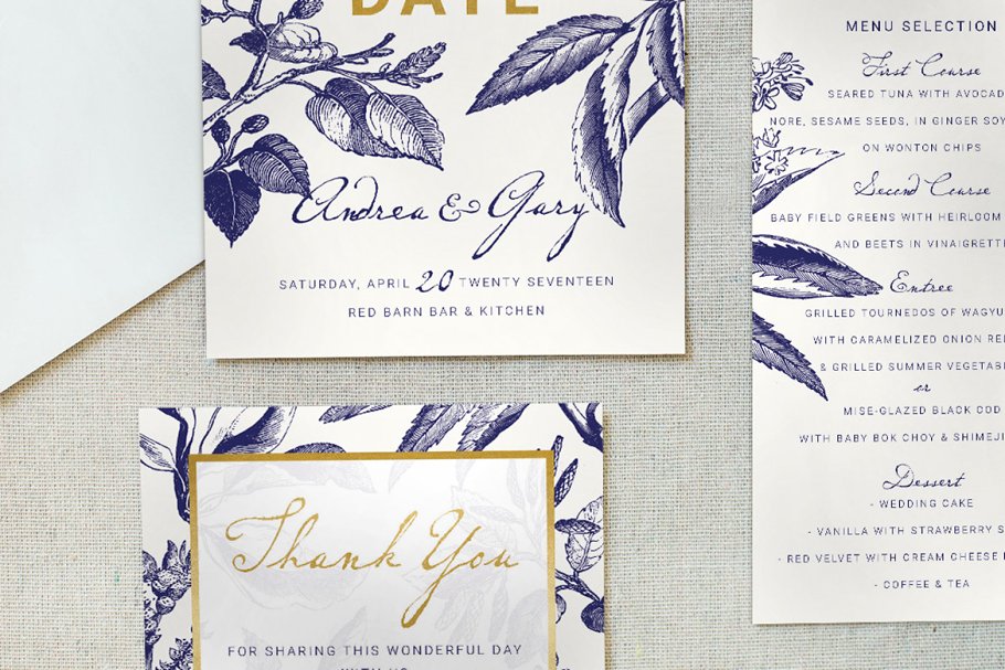 金色&海军蓝手绘图案插画婚礼邀请函设计模板 Gold & Navy Wedding Invitation Suite插图(1)