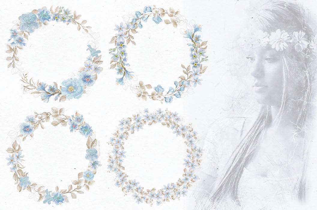 粉蓝色水彩手绘花卉剪贴画PNG素材库精选设计素材 Powder Blue Watercolor Design Collection插图(2)