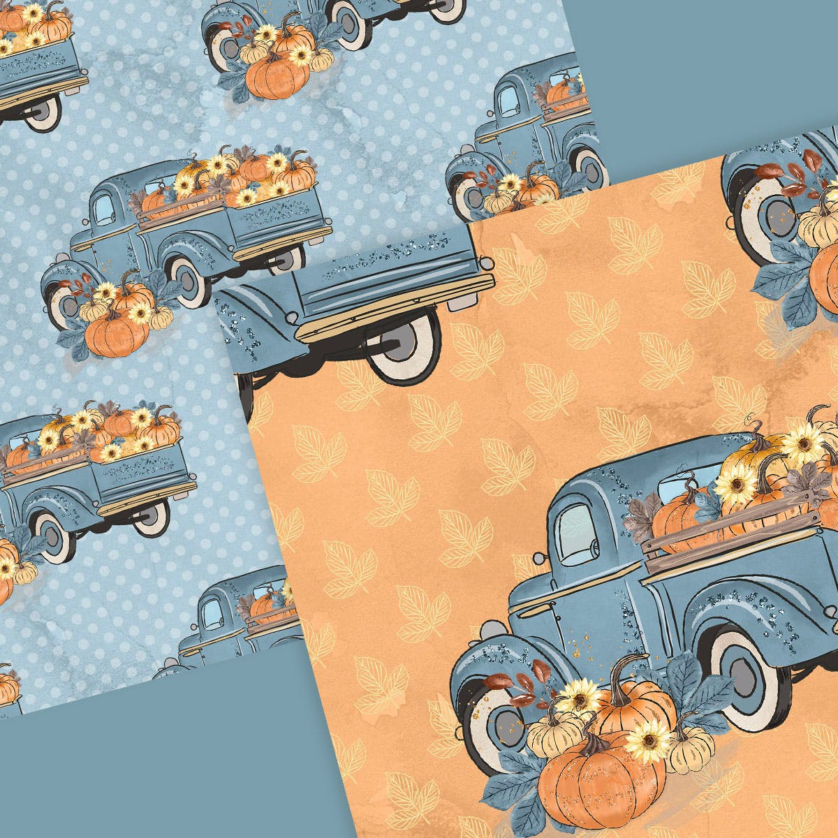 蓝色水彩手绘南瓜车数码纸张图案设计素材 Pumpkin Truck Blue digital paper pack插图(3)