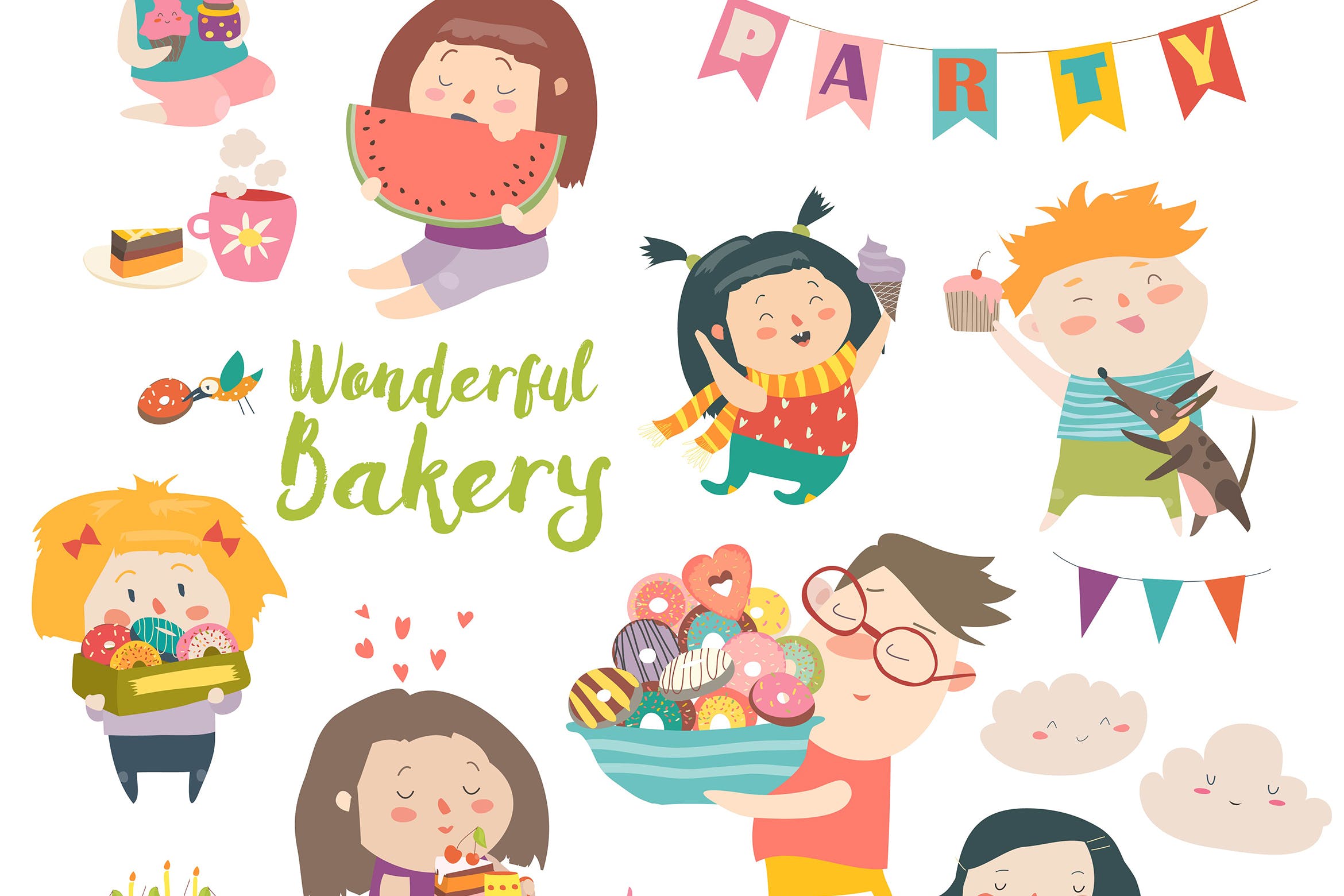 可爱卡通人物/糖果矢量插画素材 Funny cartoon children and sweets. Vector isolated插图