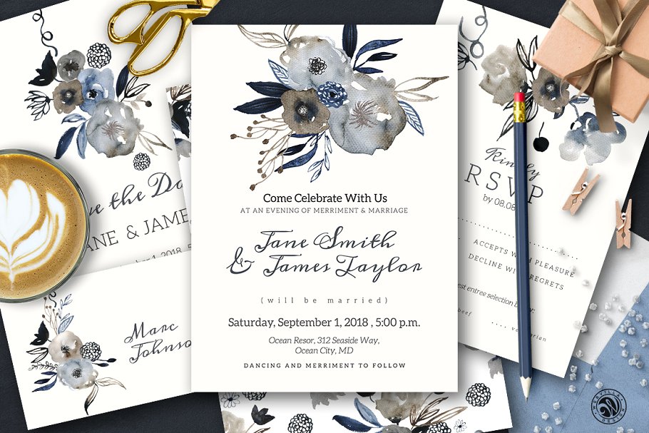 高端精美婚礼请柬模板套装 Grey Wedding Invitation Set插图