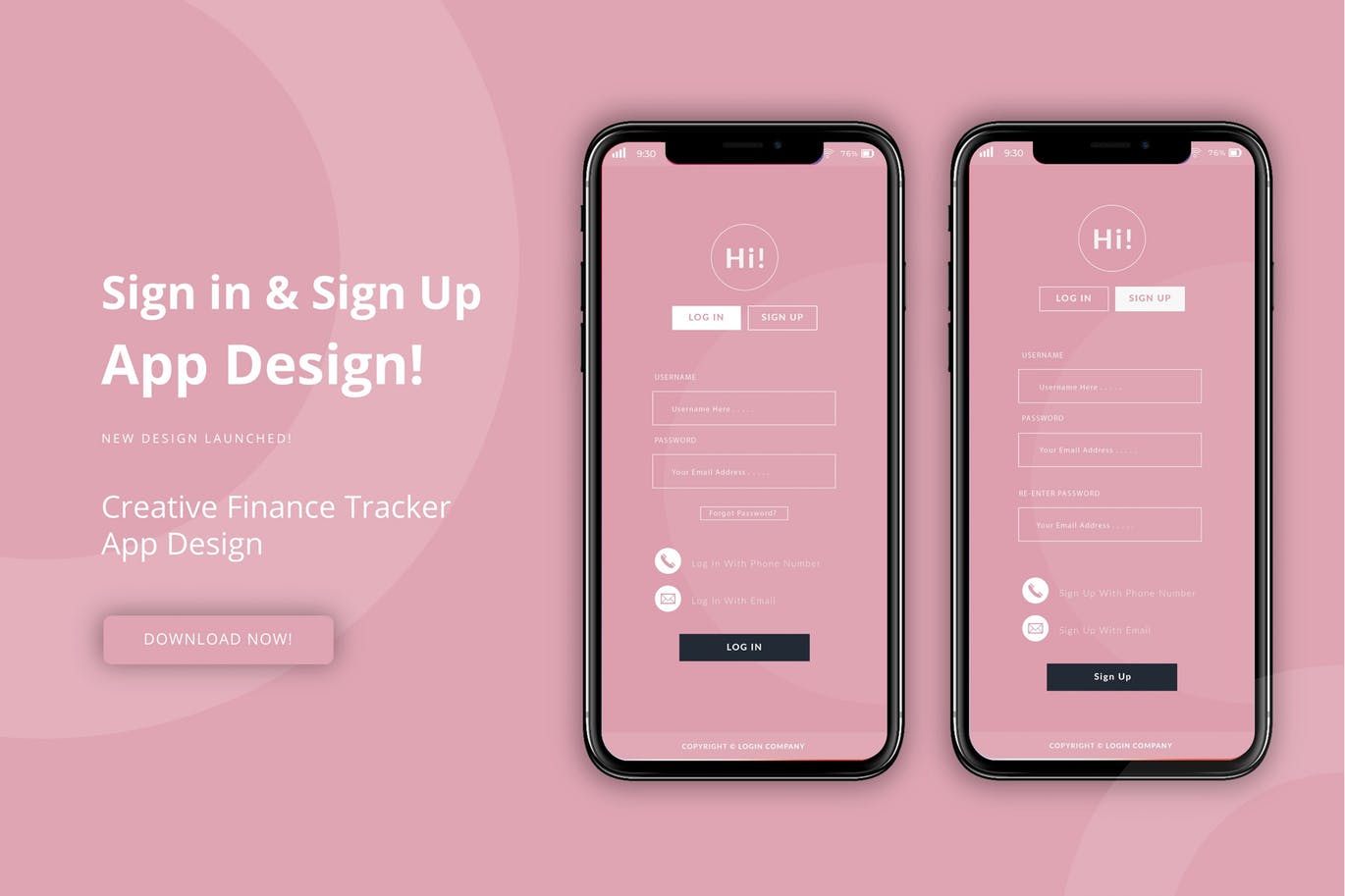 粉色APP应用注册登录界面设计素材库精选模板 Pink Login＆Sign Up插图