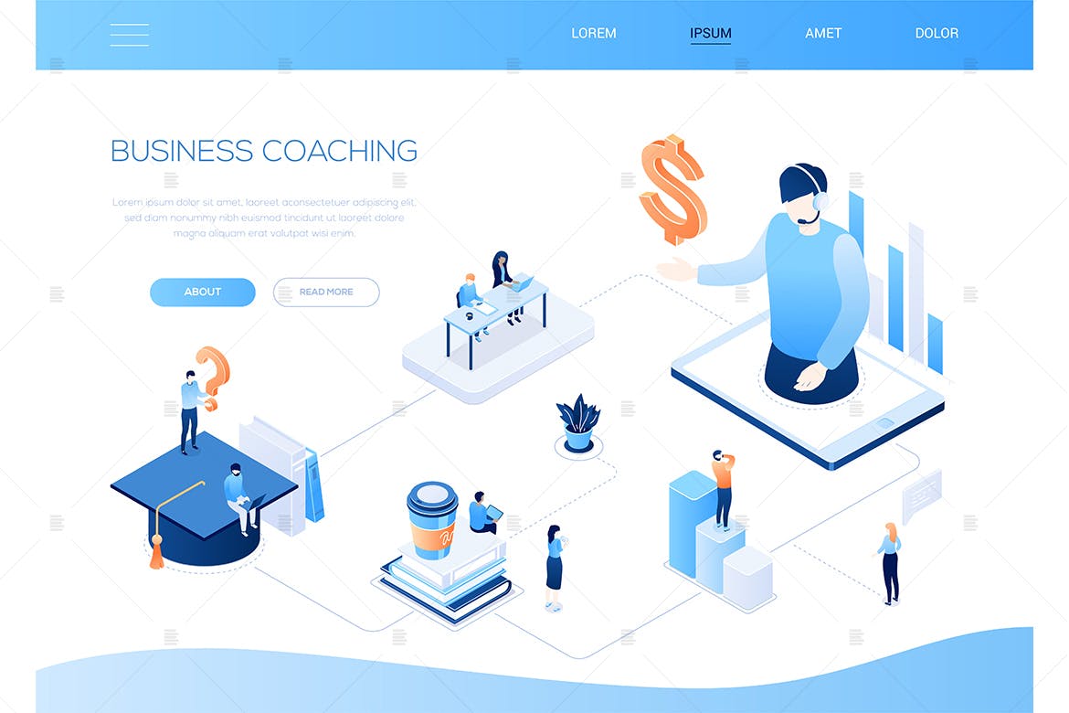 商业指导主题网站设计彩色等距素材库精选概念插画 Business coaching – colorful isometric web banner插图