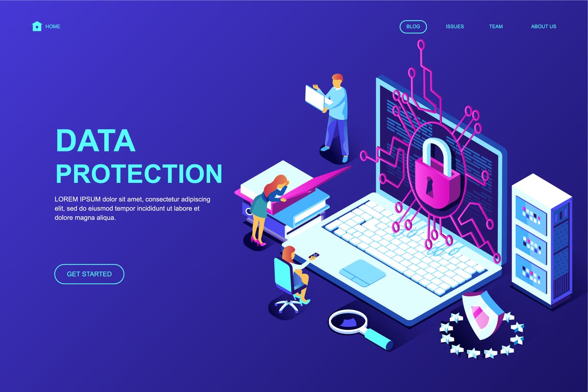 数据加密保护等距概念插画网站着陆页设计模板 Data Protection Isometric Landing Page Template插图