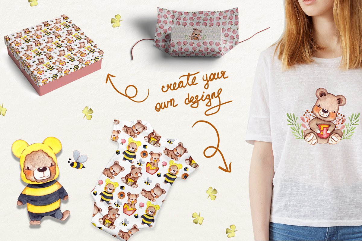 可爱的蜜蜂&熊水彩插画合集插图(5)