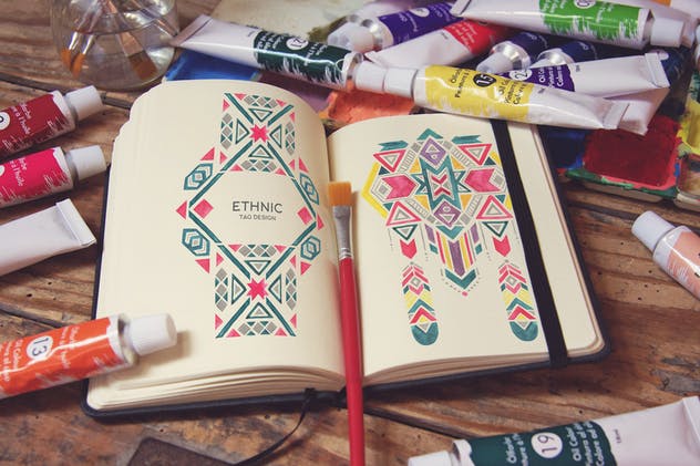 水彩画创作画室场景袖珍笔记本样机模板v6 Pocket Notebook & Brush插图(1)