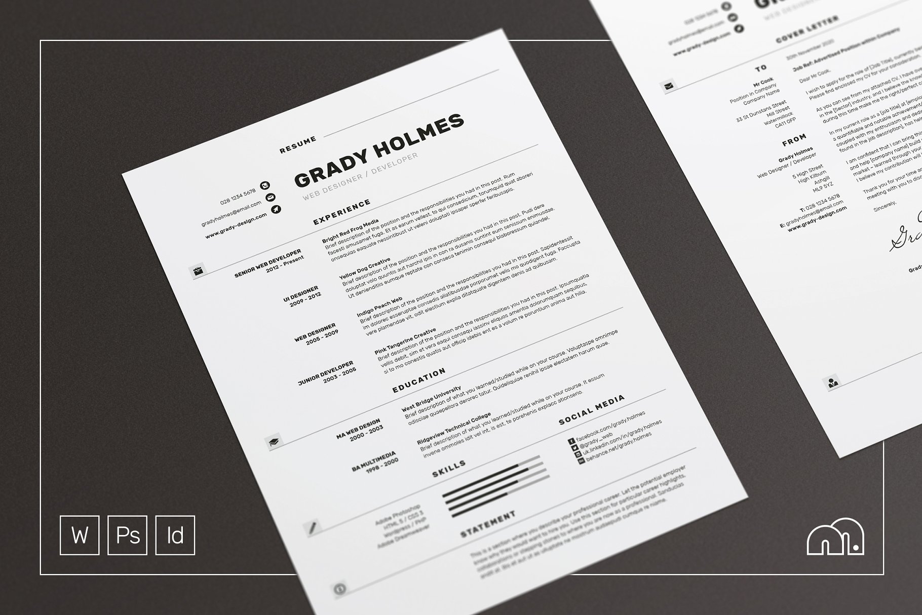 两列式简约专业简历模板 Grady – Resume/CV插图