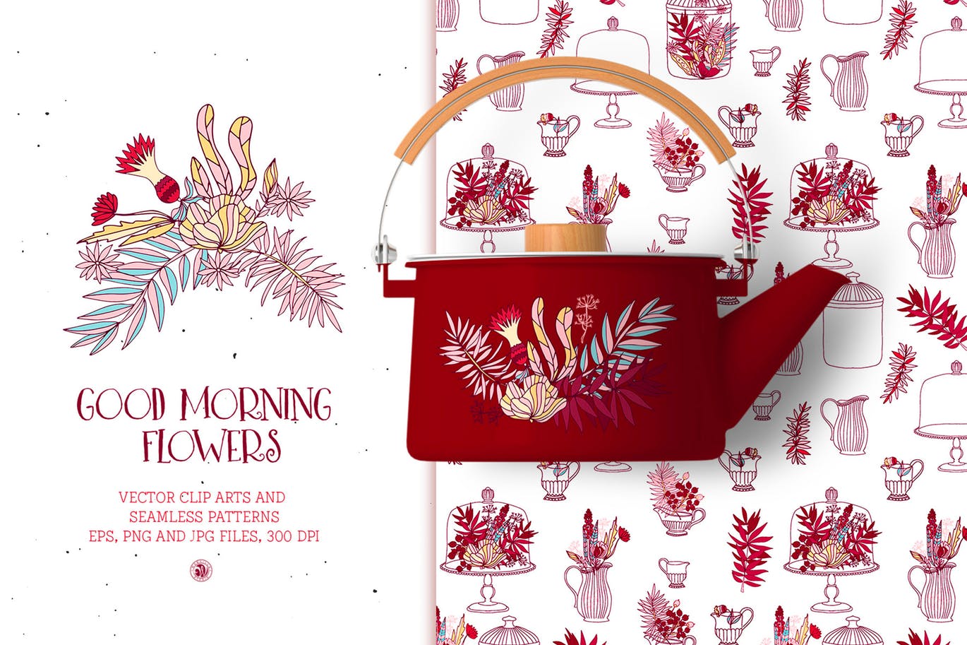 插花艺术水彩手绘图案无缝花样纹理背景素材 Good Morning Flowers插图