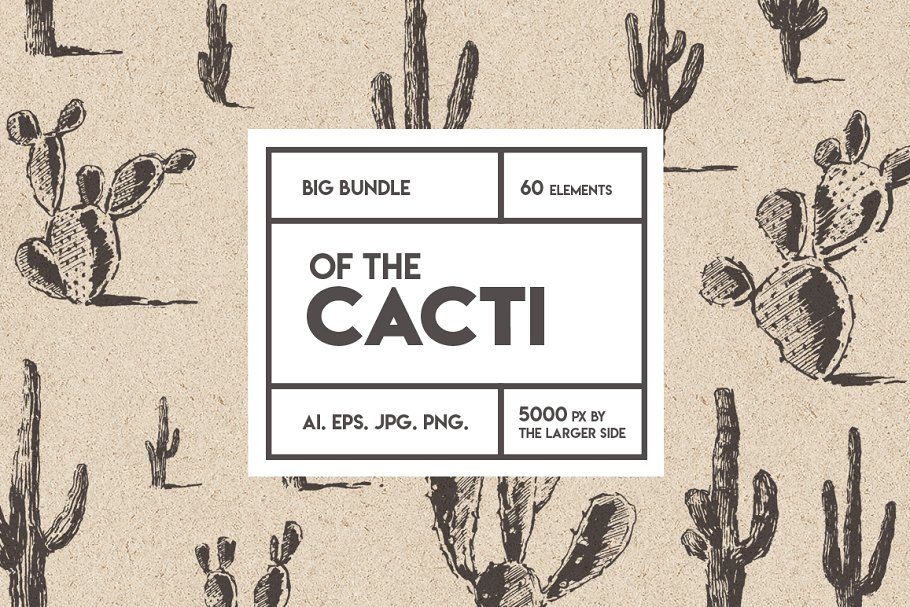 仙人掌素描风格设计素材 Big cacti bundle, sketch style插图