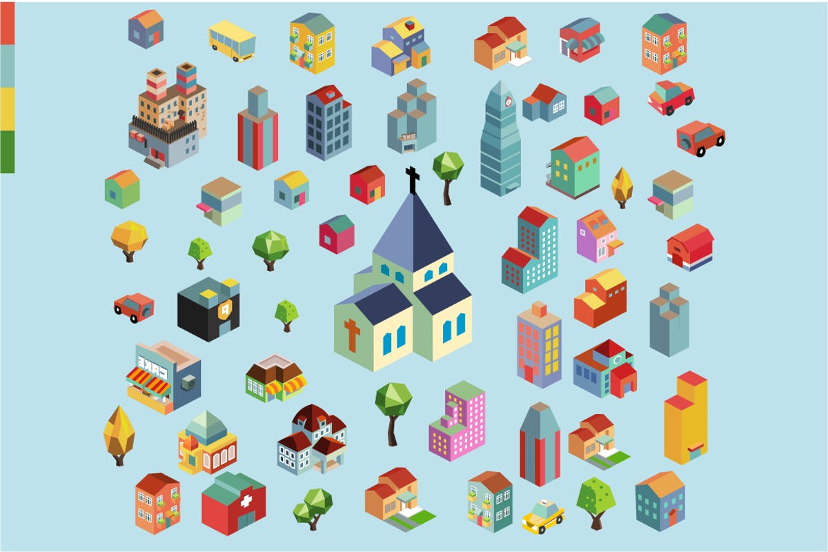 多彩等距城市场景矢量插画v6 Colorful vector isometric building插图