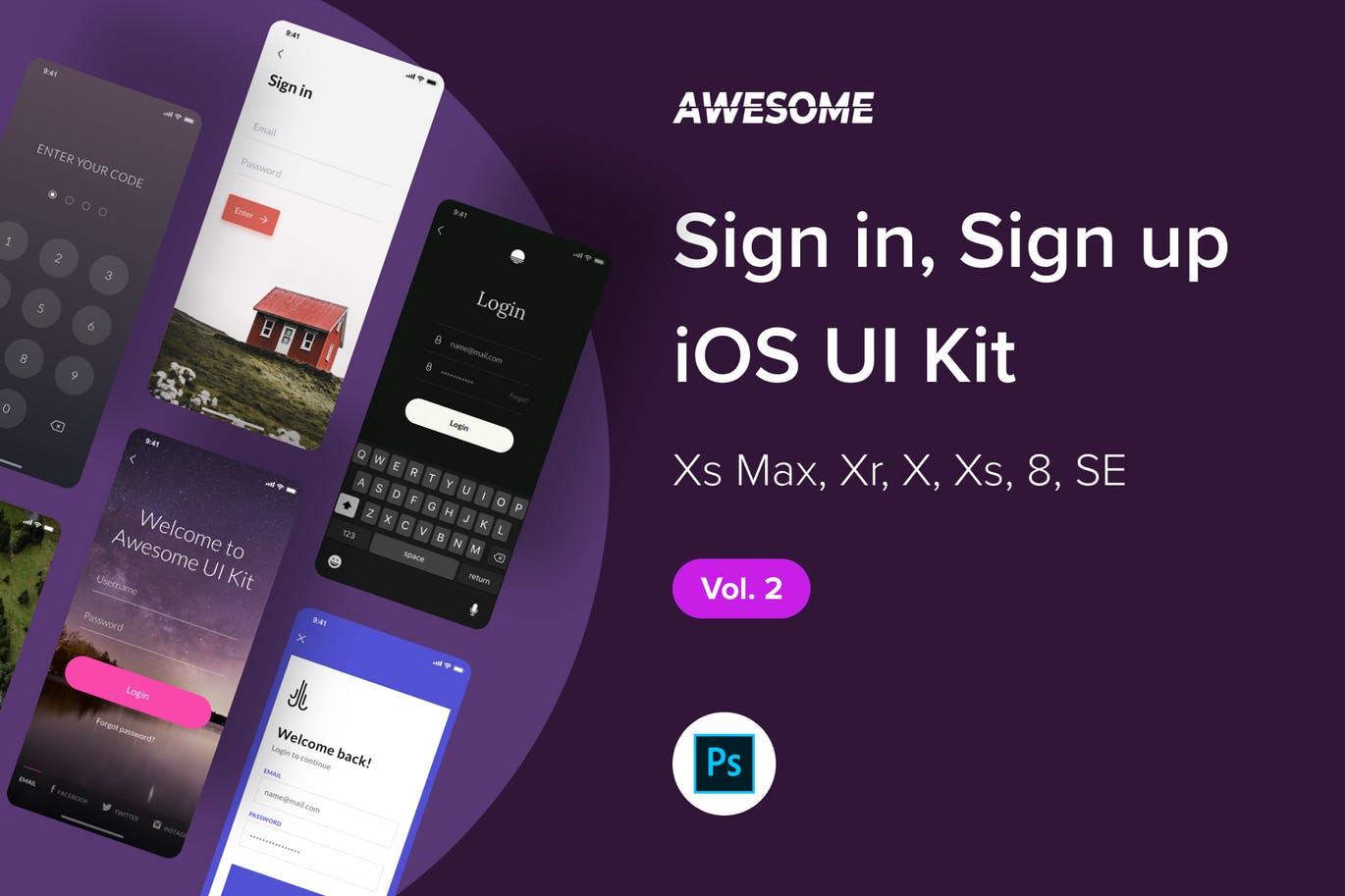 iOS应用APP注册登录交互界面设计UI套件PSD模板v2 Awesome iOS UI Kit – Sign in, Sign up Vol. 2 (PSD)插图