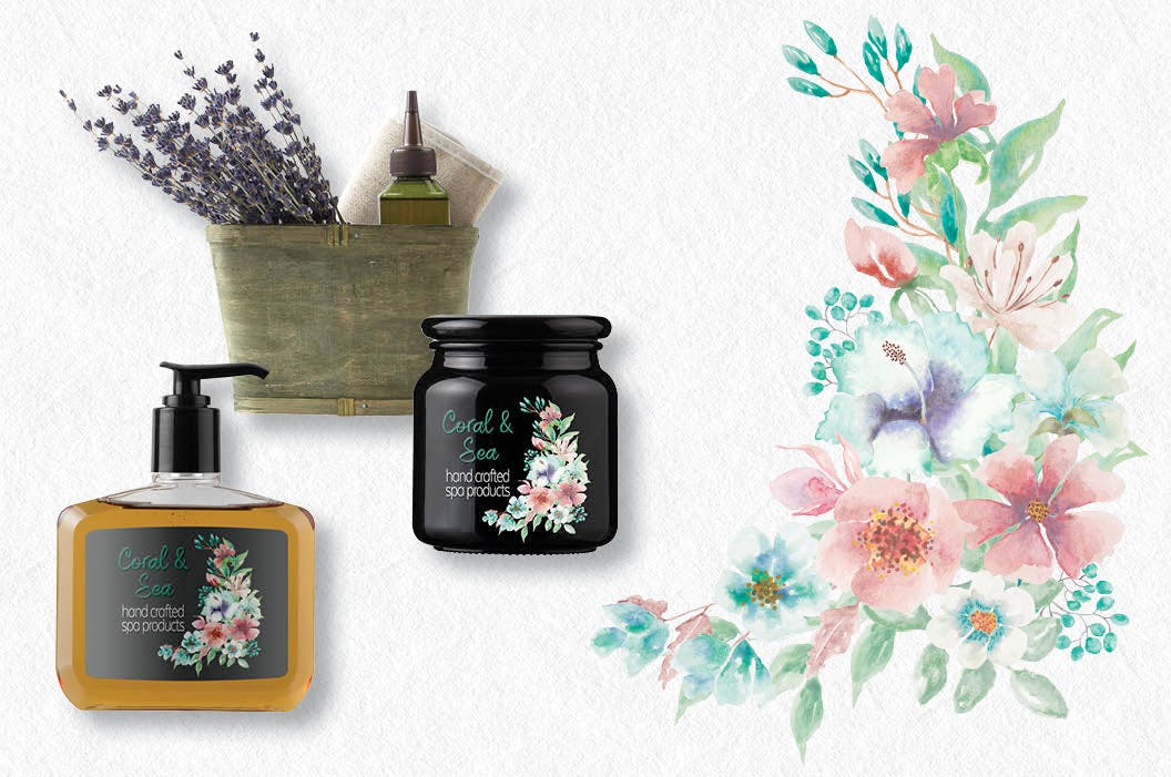 “珊瑚与海”：水彩花圈和花束水彩手绘剪贴画PNG素材 “Coral and Sea”: Watercolor Wreath and Bouquets插图(2)