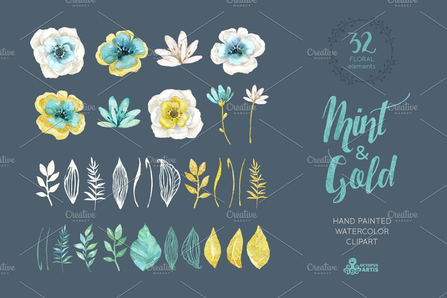 高品质手绘水彩花束元素剪贴画 Mint & Gold Flowers插图(2)