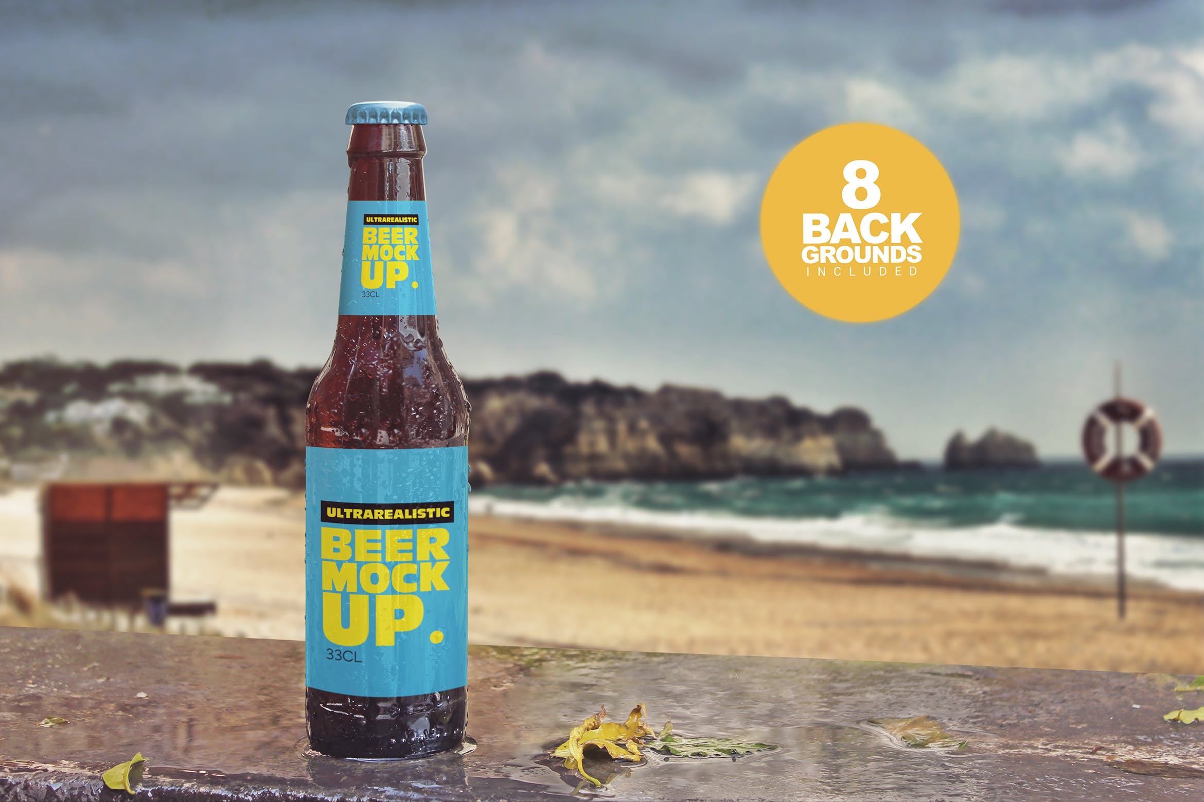 小支装啤酒瓶外观设计样机模板 Raining Beer Backgrounds插图