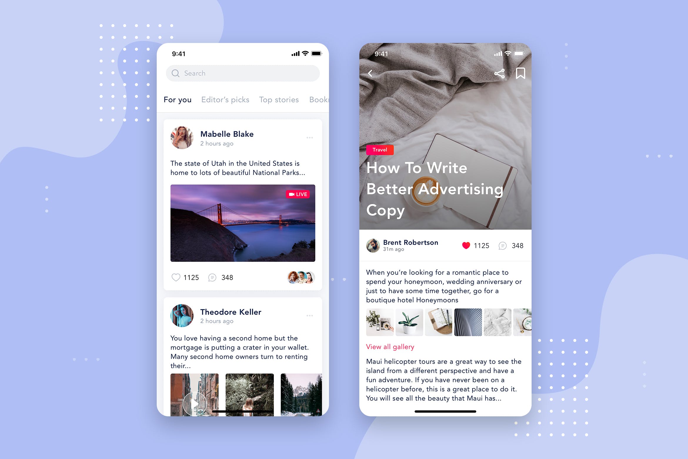 社交APP应用文章列表&详情界面设计模板v3 Social – Articles Mobile Interface Concept插图