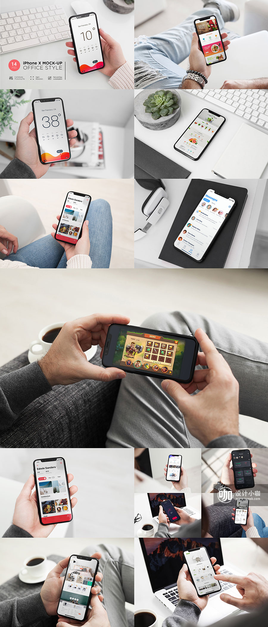 完美的iPhone X办公室场景的APP设计展示模型（Mockups）下载[PSD]插图