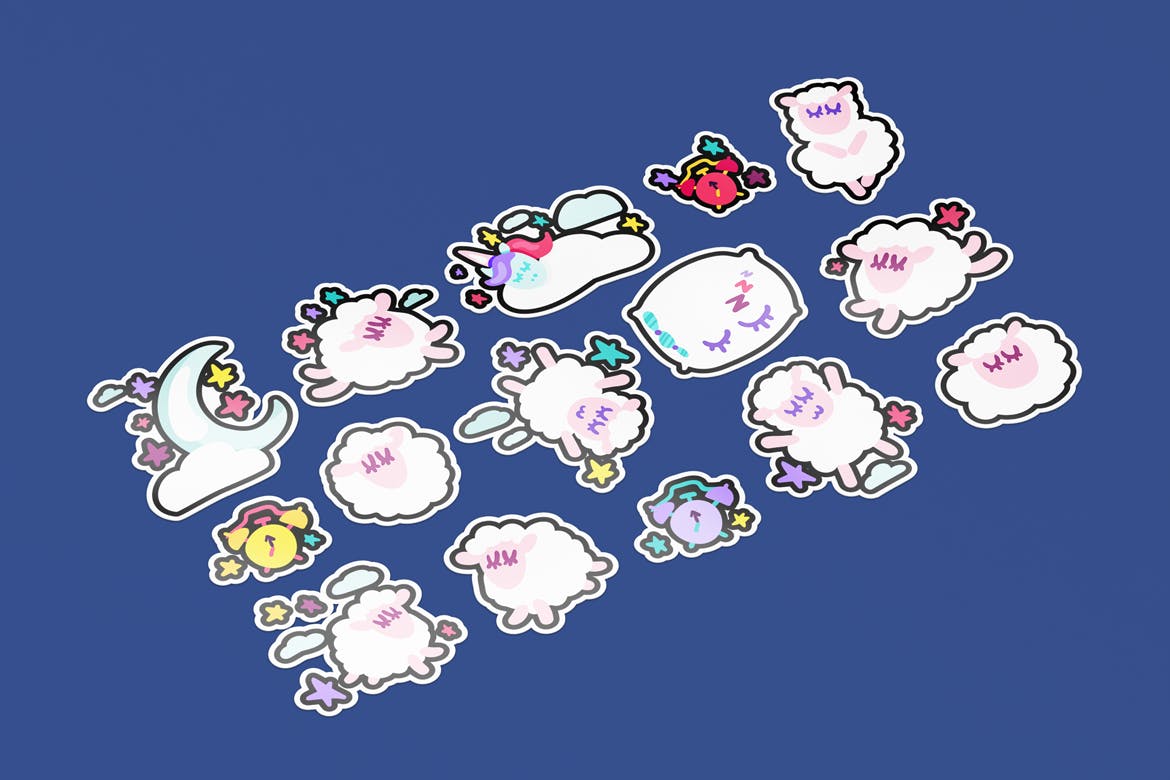 有趣可爱的晚安贴纸画手绘矢量图形设计素材 Fun Good Night Stickers Set插图(2)