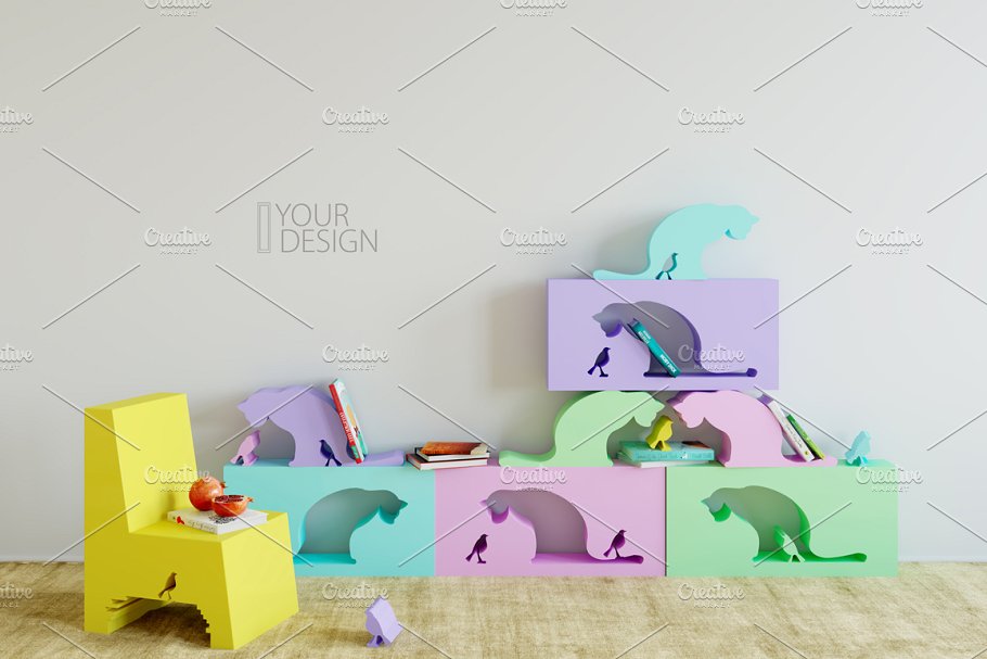 儿童主题室内墙纸设计展示和相框画框样机 Kids Interior Wall & Frames Mockup 1插图(16)