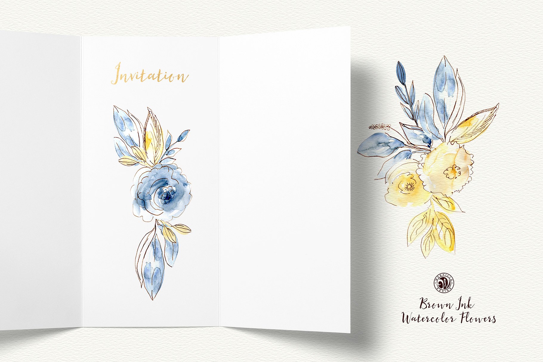 棕色油墨手绘水彩花卉元素 Brown Ink Watercolor Flowers插图(2)