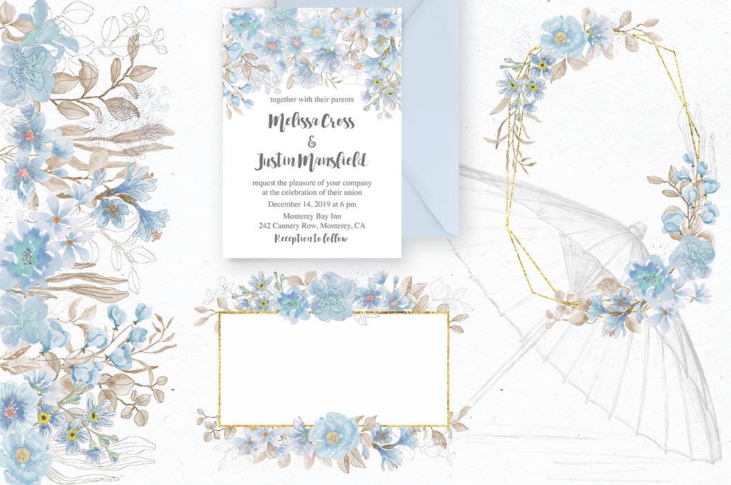 粉蓝色水彩手绘花卉剪贴画PNG素材库精选设计素材 Powder Blue Watercolor Design Collection插图(4)