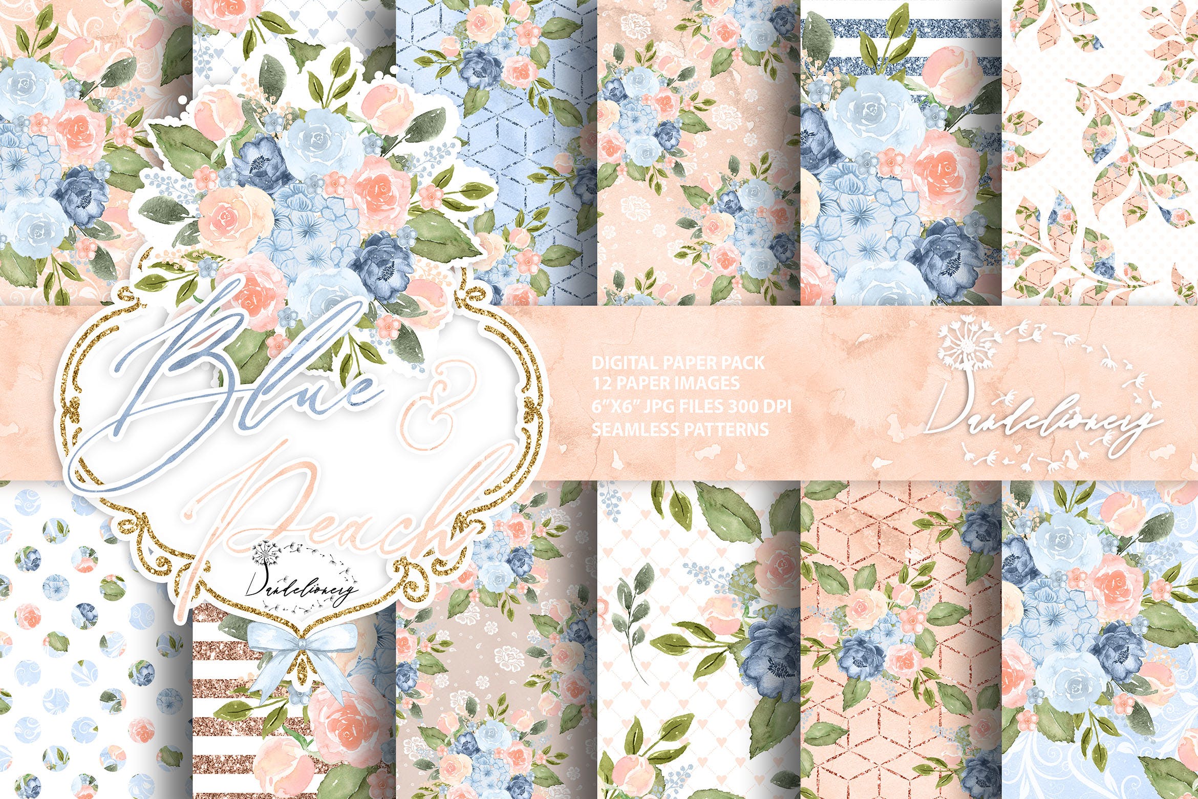 蓝色桃色水彩手绘图案数码纸张设计素材 Watercolor Blue Peach digital paper pack插图