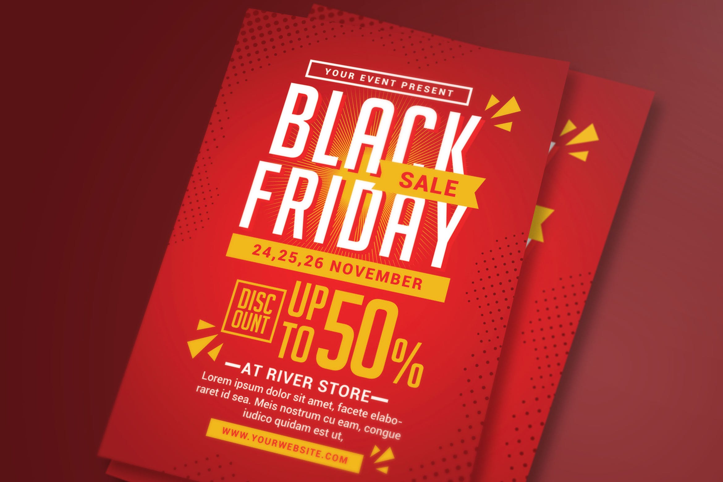 大红色背景黒五购物节促销广告海报模板 Black Friday Sale Flyer插图