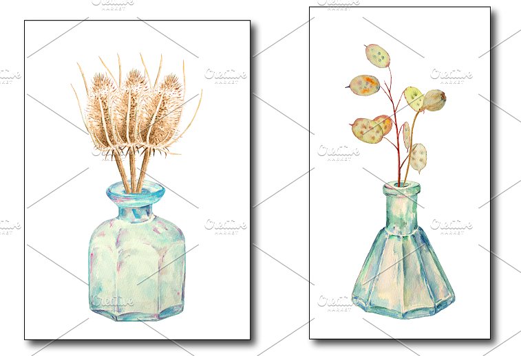 复古手绘葡萄酒瓶水彩剪贴图像素材 Watercolor Vintage Bottle Dry Flower插图(1)