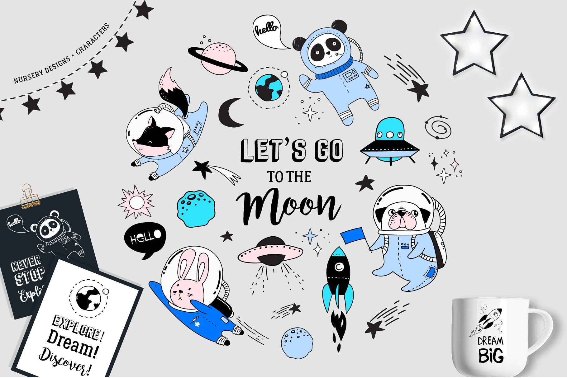 简洁干净的太空人物插图集 Cute Space animals characters set插图