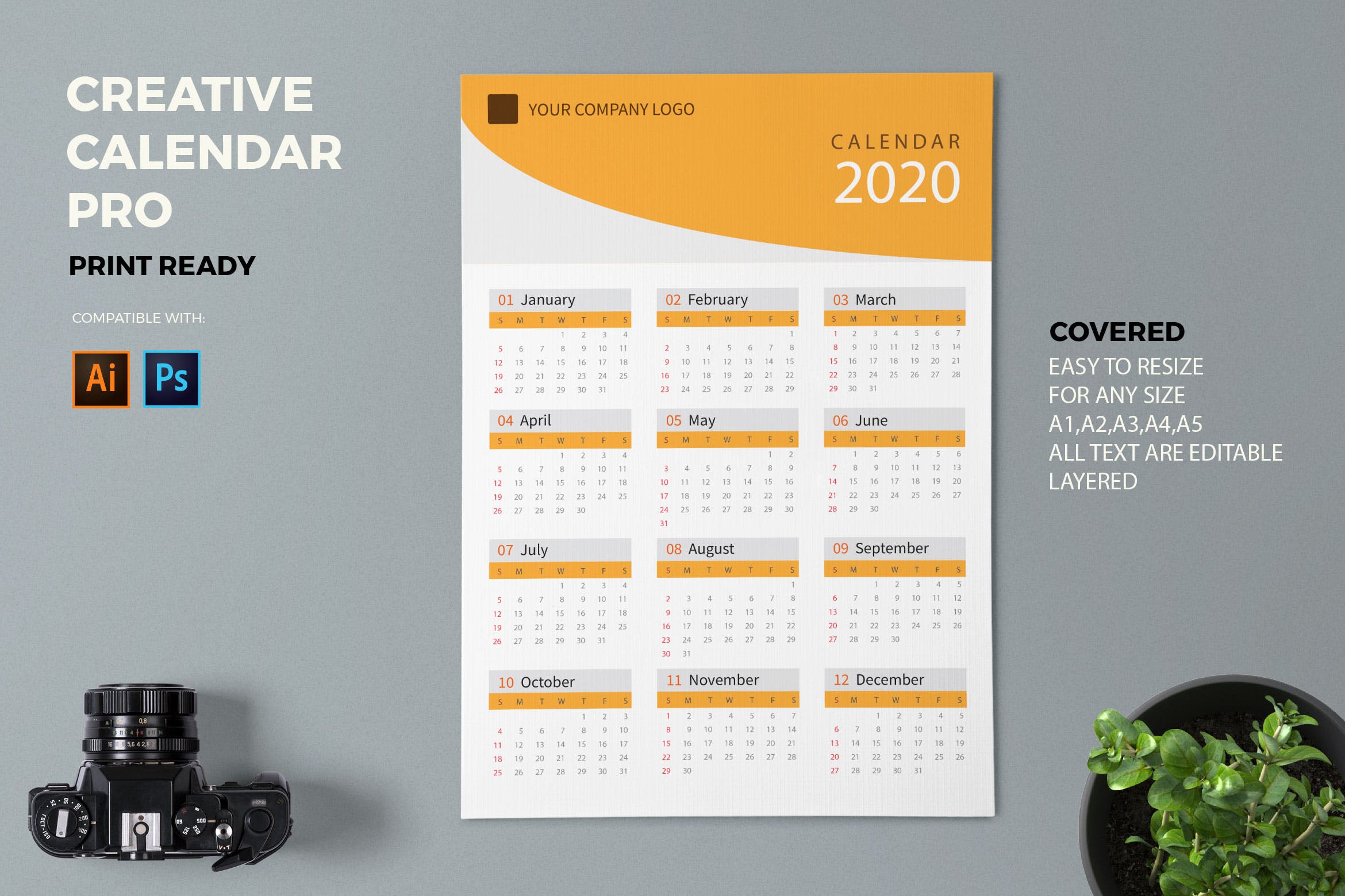 单色设计2020日历表年历设计模板 Creative Calendar Pro 2020插图