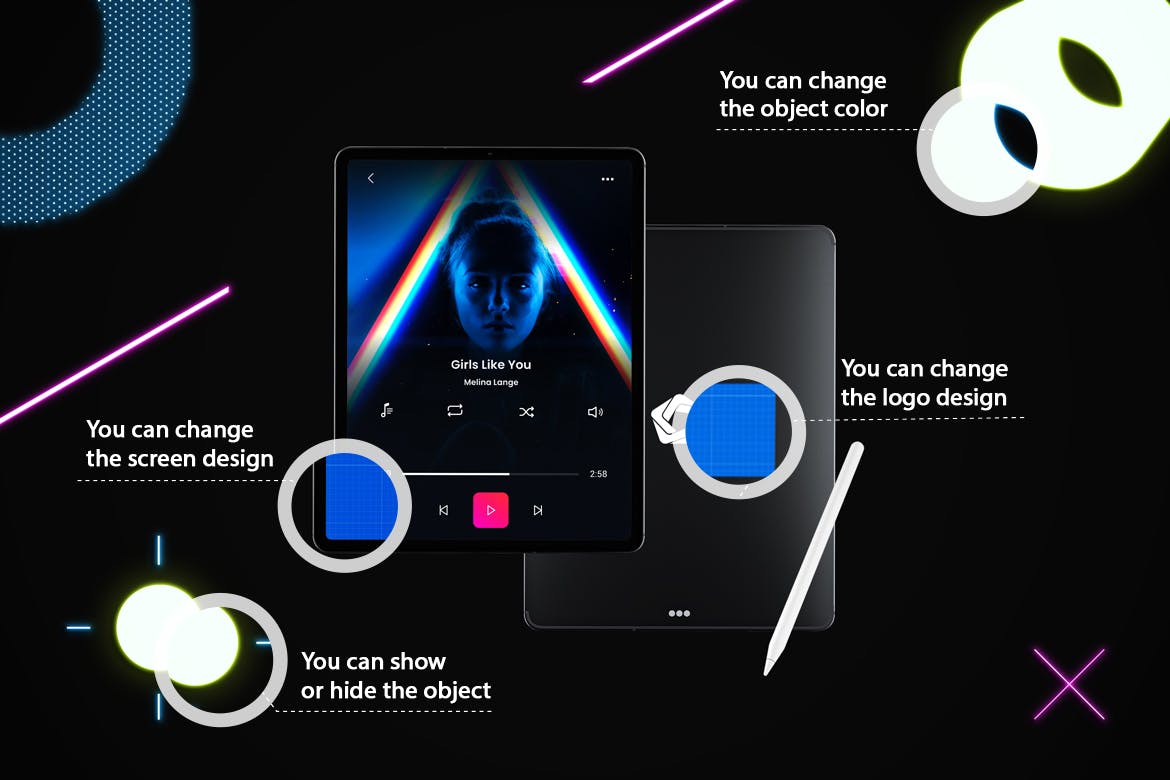 iPad Pro第三方设计屏幕预览样机模板 Neon iPad Pro Mockup插图(1)