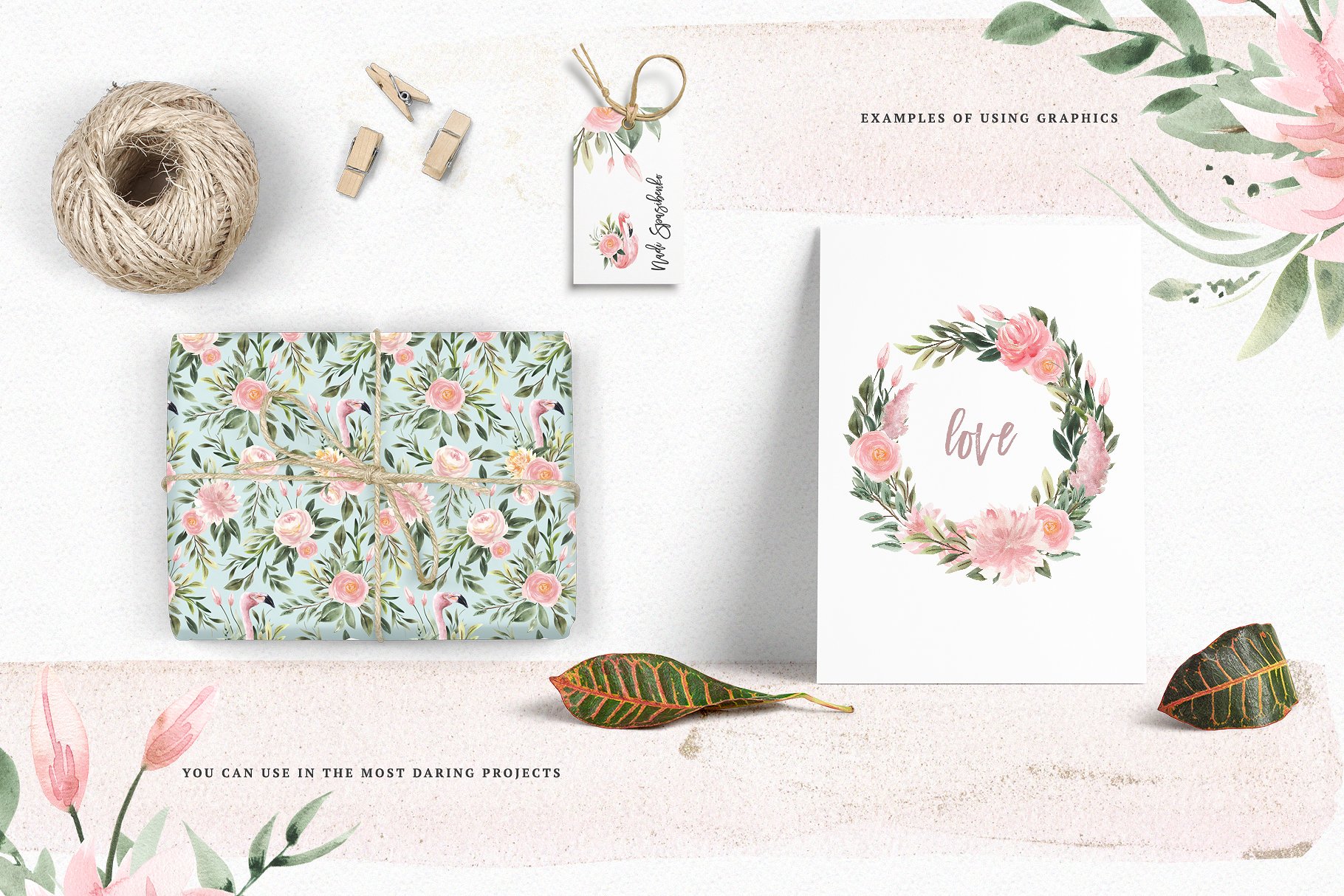 火烈鸟与鲜花矢量水彩插画 Watercolor Flamingo & Flowers插图(13)