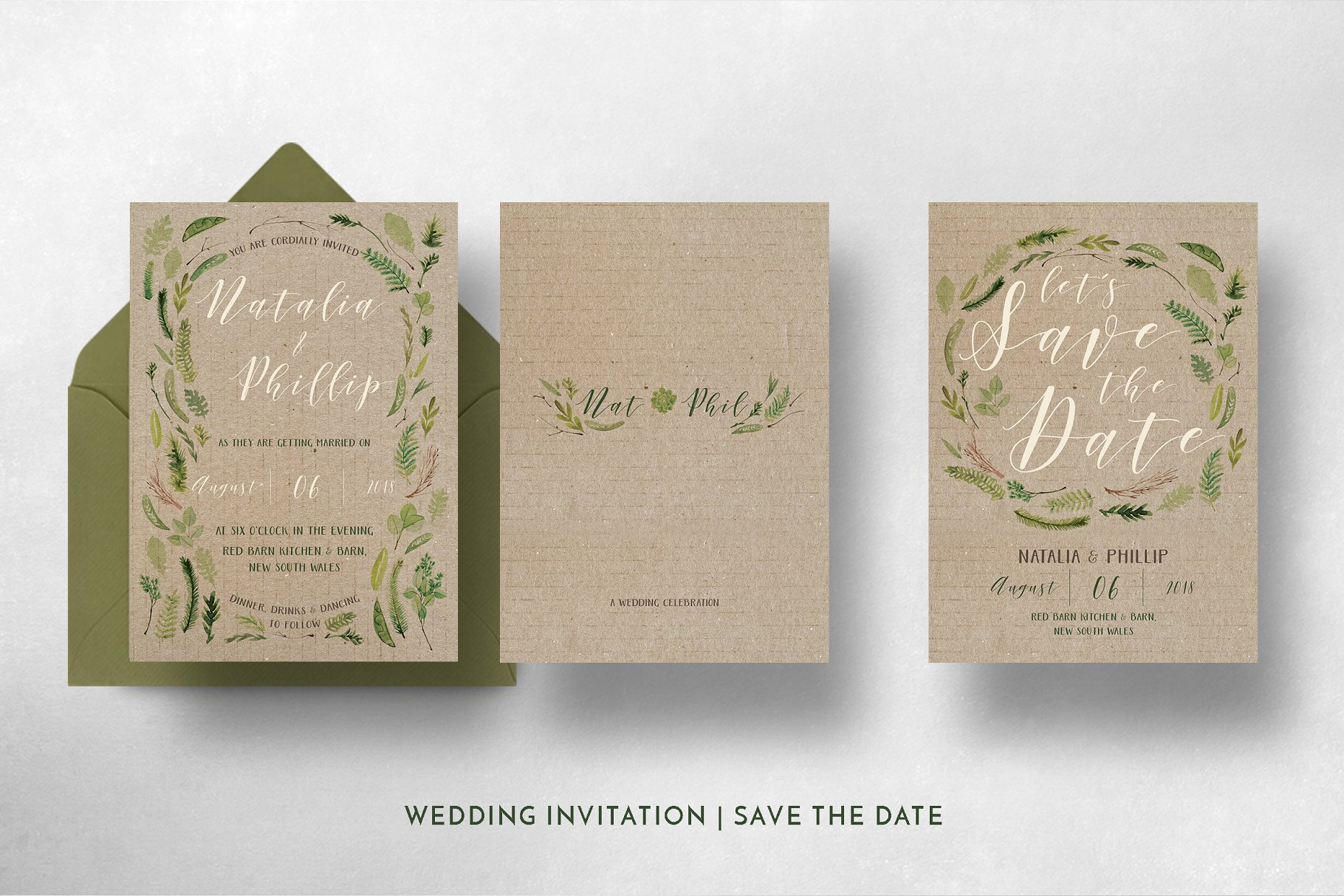 水彩叶子婚礼设计物料模板套装 Watercolor Foliage Wedding Suite插图(5)