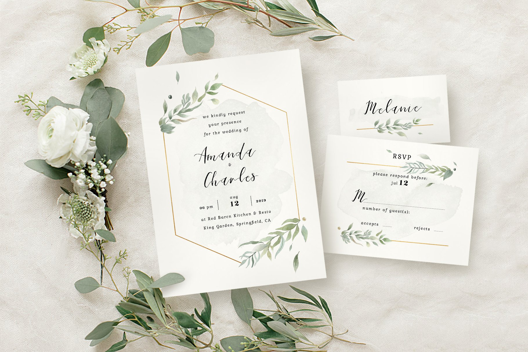 黄金几何线条水彩风婚礼邀请函设计套件 Modern Gold Foliage Wedding Suite插图