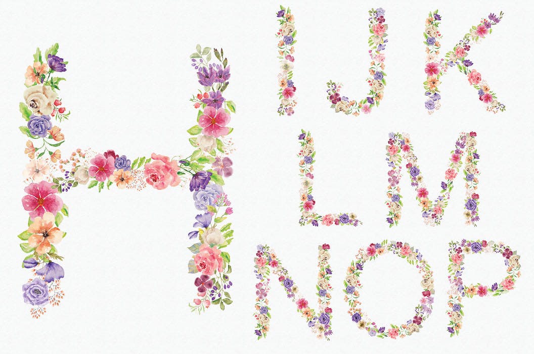 水彩手绘夏季混合花卉字母剪贴画PNG素材 Floral Alphabet: Mixed Summer Blooms插图(2)