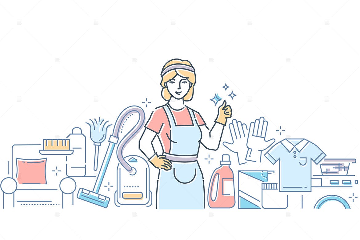 清洁家政服务主题线条艺术风格矢量插画素材库精选 Cleaning service – line design style illustration插图