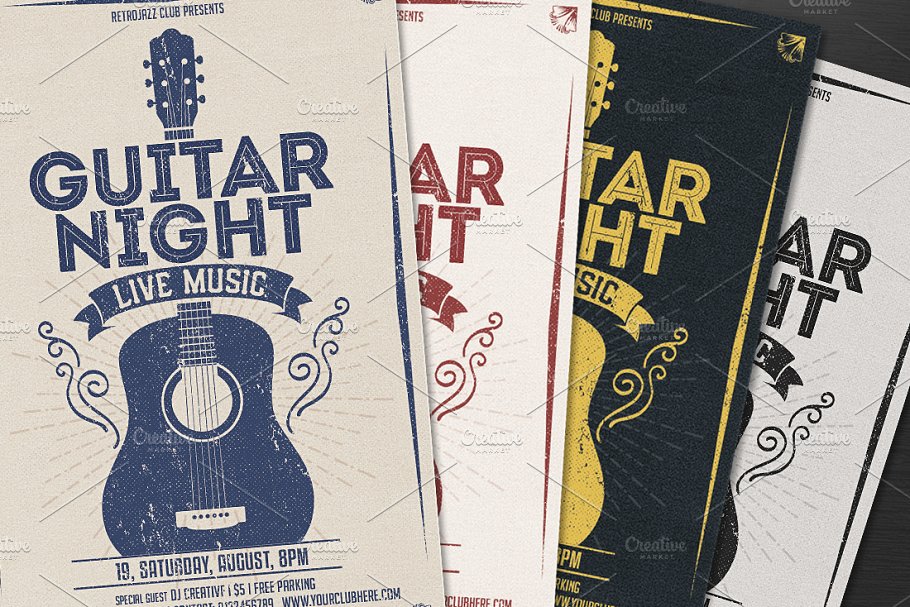 复古吉他之夜音乐活动传单模板 Guitar Night-Vintage Music Flyer插图(1)