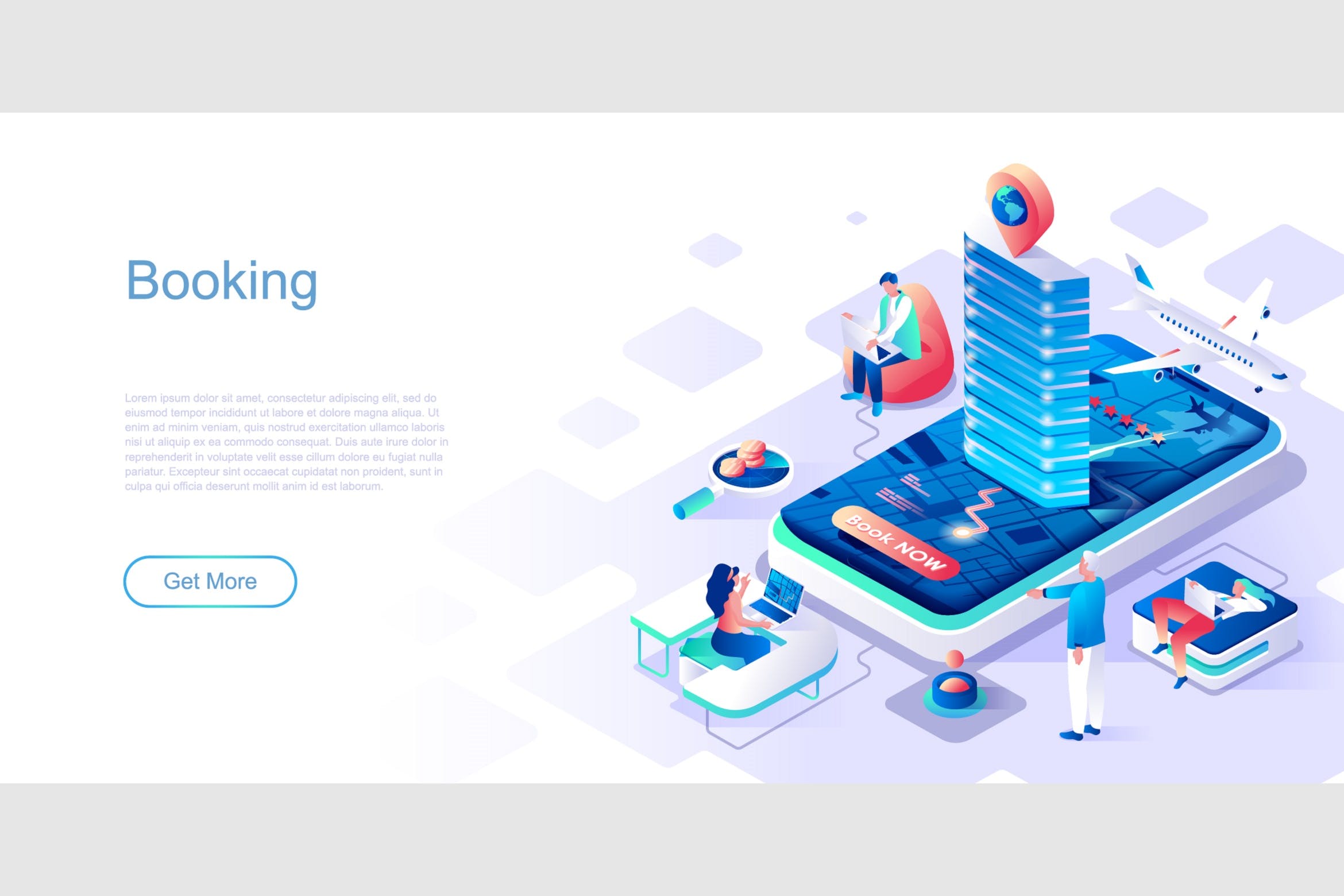 在线出行预订主题网站设计等距素材库精选概念插画 Booking Isometric Flat Concept Header插图