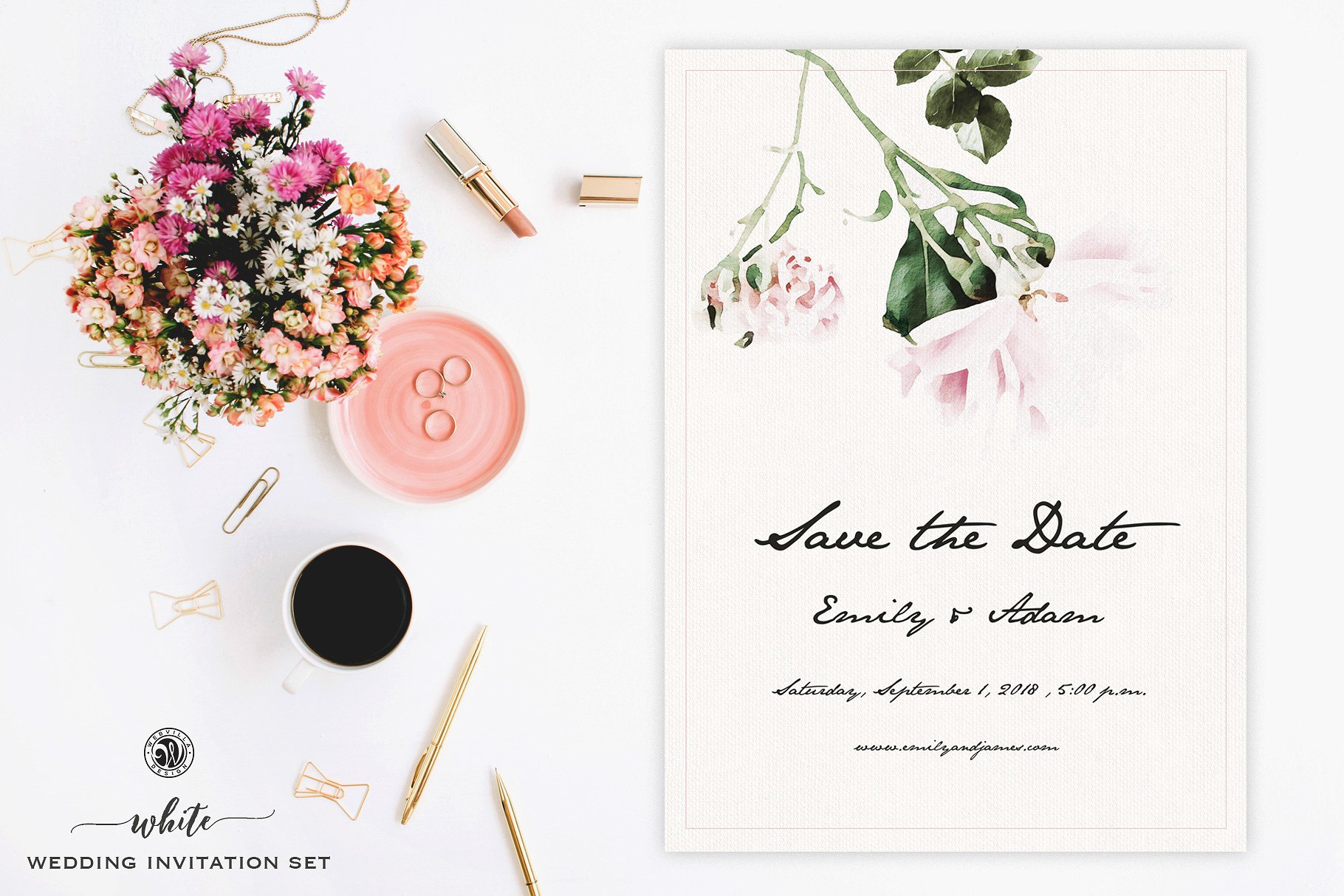 白色结婚邀请函设计模板素材 White Wedding Invitation Set插图(2)