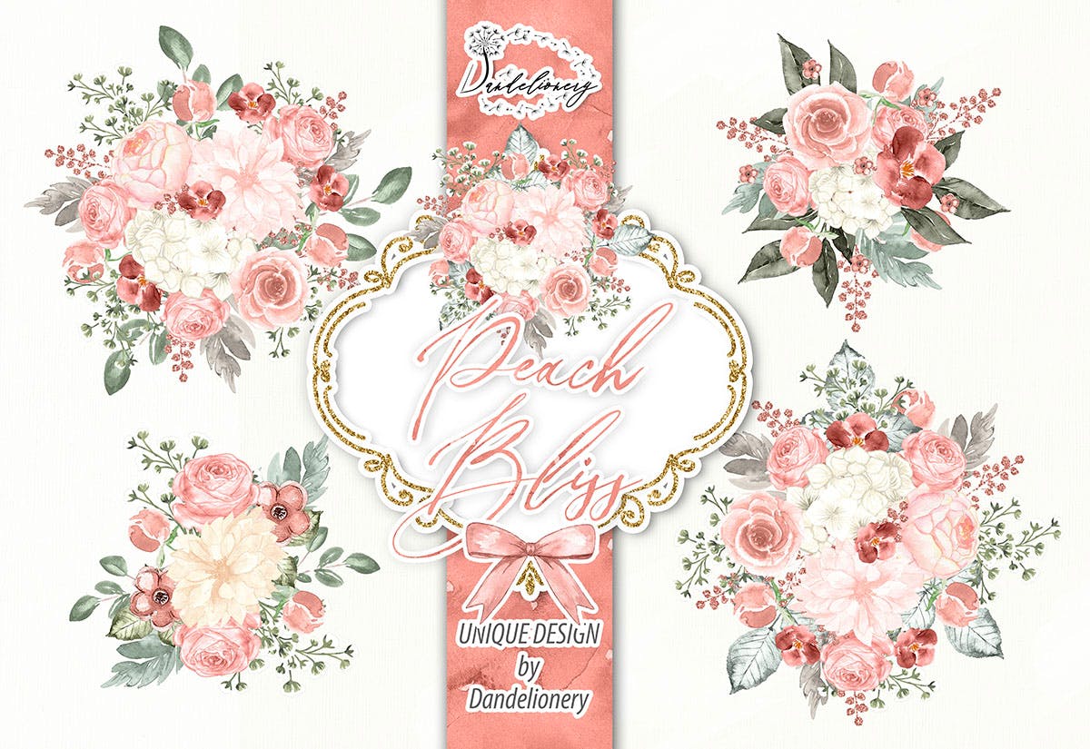 桃花色水彩手绘花卉剪贴画PNG素材 Watercolor Peach Bliss design插图(2)