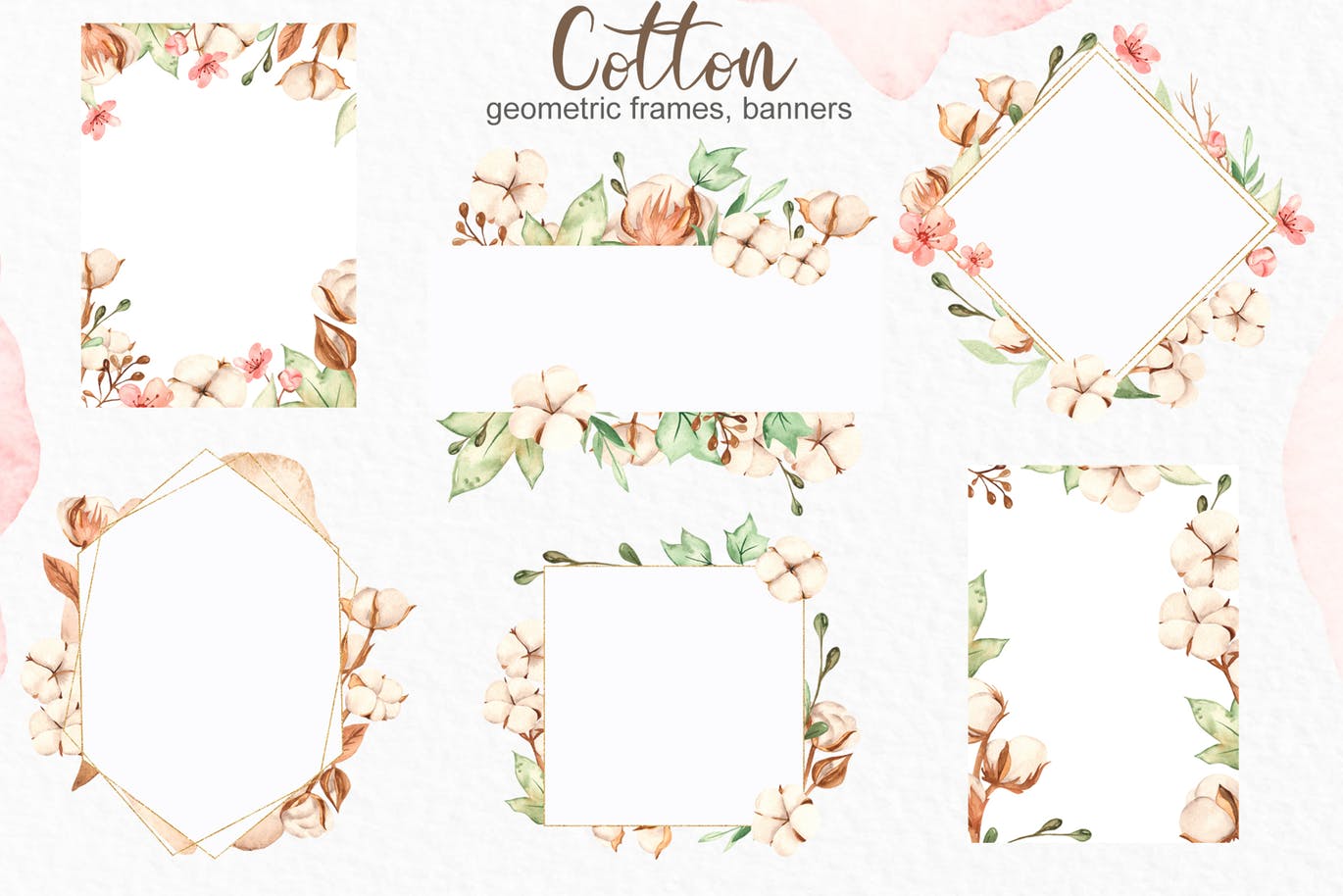 水彩棉花手绘剪贴画/花框/花环素材库精选设计素材 Watercolor cotton. Clipart, frames, wreaths插图(4)