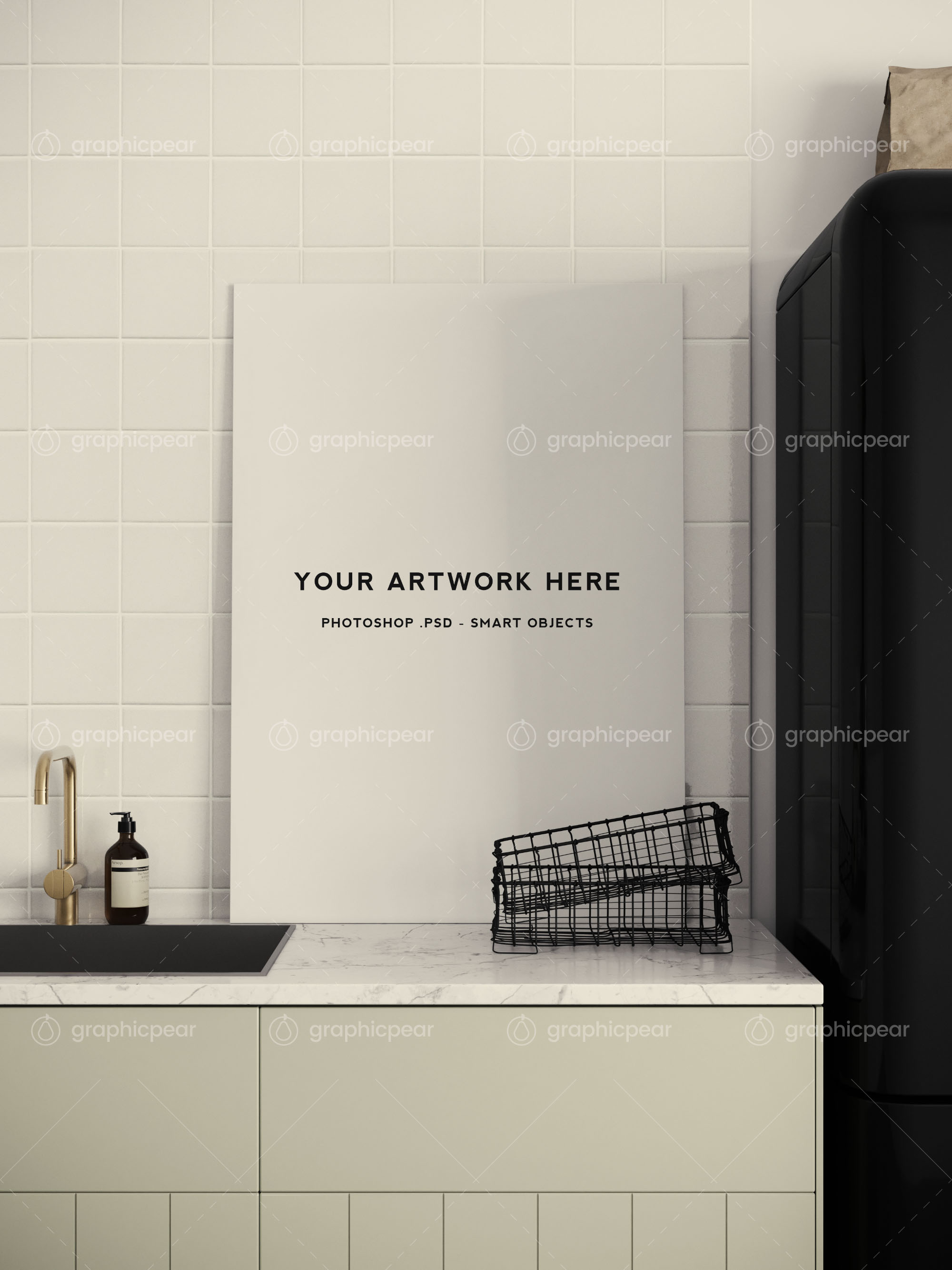 厨房场景海报设计效果图预览样机 Poster Mockup in Kitchen Scene Setting插图