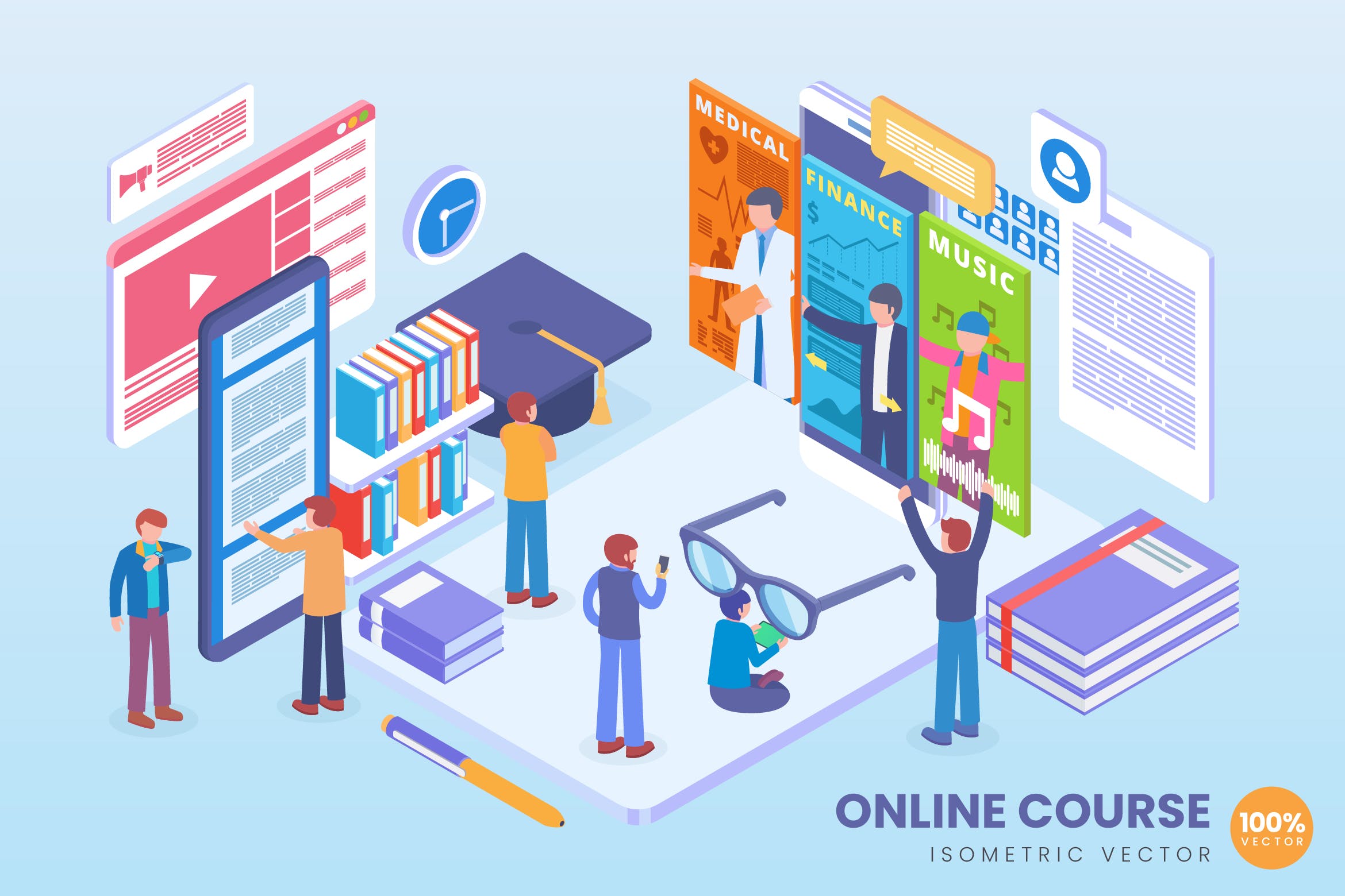 在线课程教育主题等距矢量素材库精选科技概念插画 Isometric Online Course Education Vector Concept插图