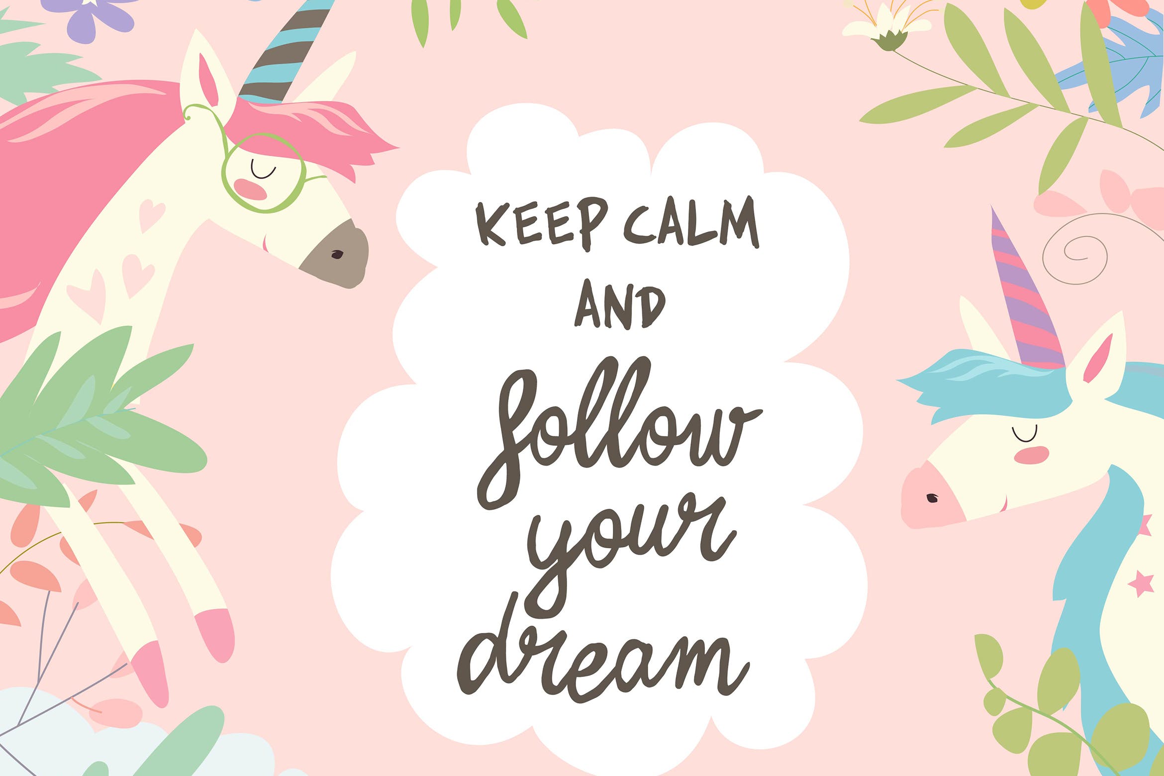 可爱魔法独角兽/鲜花边框矢量插画素材 Cute magic frame composed of unicorns and flowers.插图