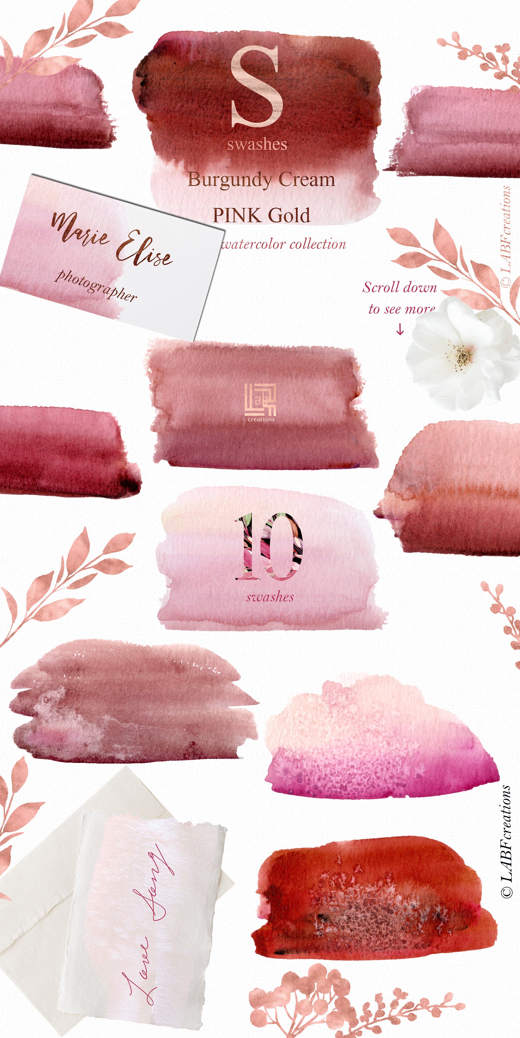 勃艮第奶油和金粉色水彩花卉剪贴画 Burgundy cream  & gold pink flowers插图(9)