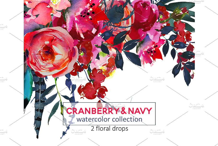 红色海军蓝波希米亚水彩花卉剪贴画 Red Navy Boho Watercolor Flowers插图(5)